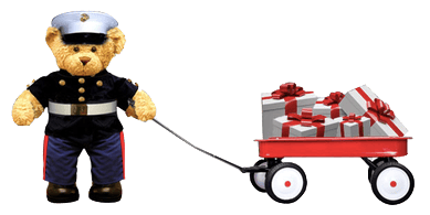 Toys for Tots bear and wagon full of Christmas gifts